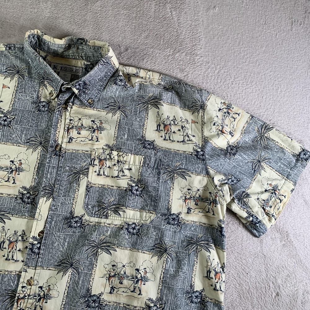 Vintage KT Golf Shirt‎ Mens 3XL Gray Golf Hawaiian Tropical Button Down SS FLAW
